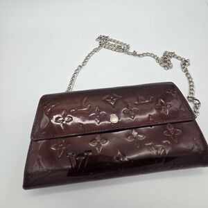 Louis Vuitton Sara Burgundy Monogram Long Wallet W/ Silver Chain & Free Jewelry